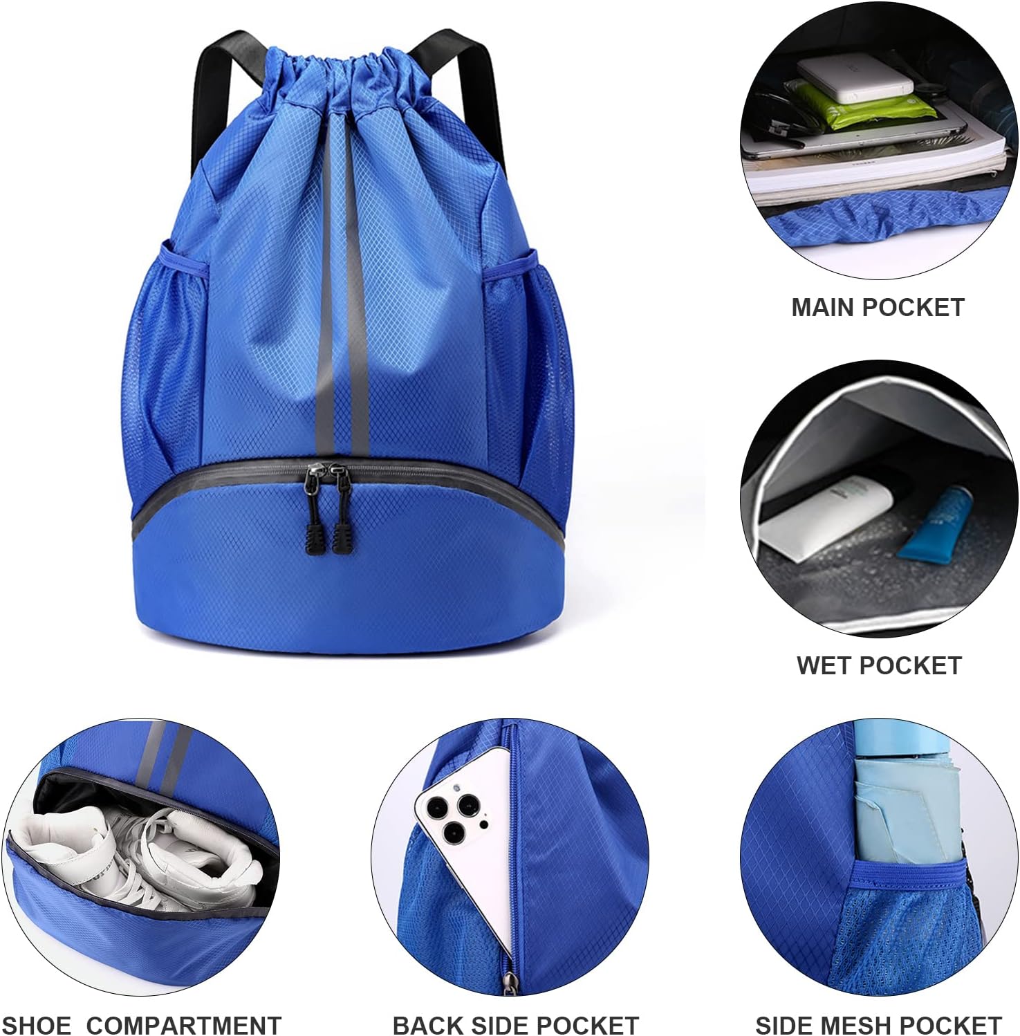 Drawstring Backpack with Mesh Pockets Shoe Compartment Water Resistant (Blue)