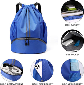 Drawstring Backpack with Mesh Pockets Shoe Compartment Water Resistant (Blue)