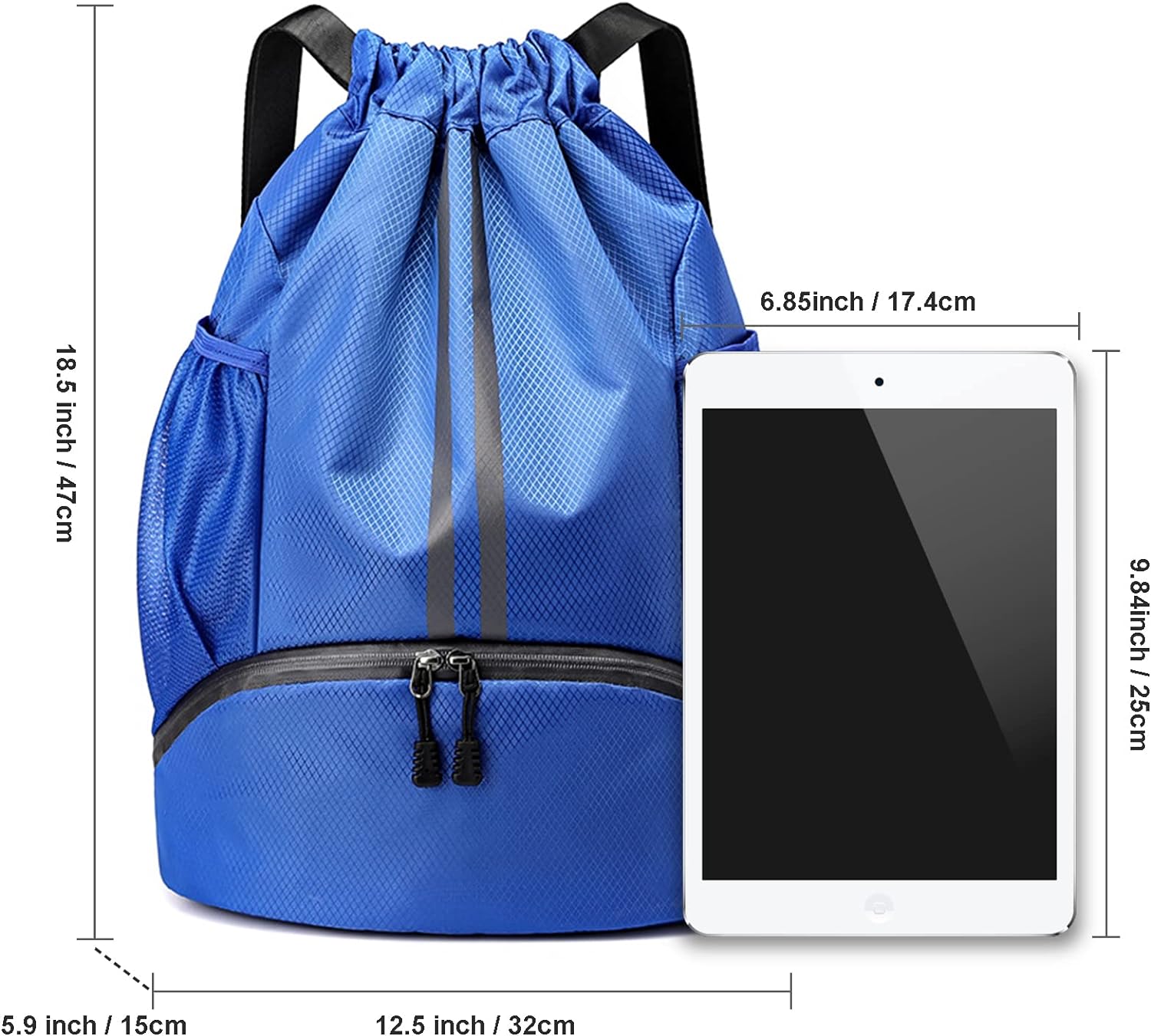 Drawstring Backpack with Mesh Pockets Shoe Compartment Water Resistant (Blue)