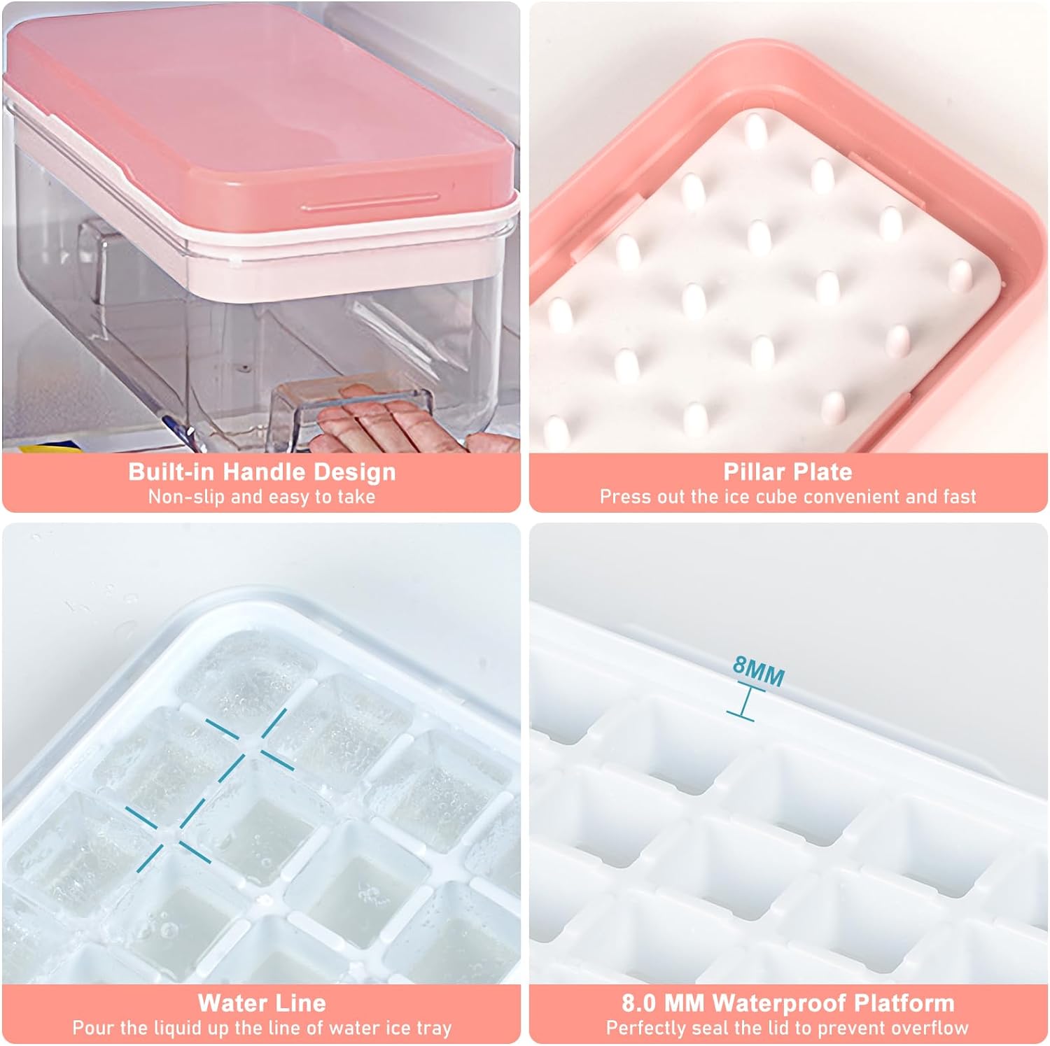 Ice Cube Tray with Lid and Bin 64Pcs Pink