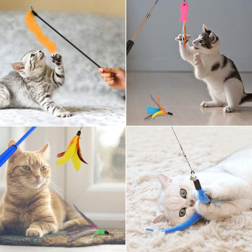 Cat Feather Toys, 2PCS Retractable Cat Wand Toy and 13PCS Replacement Teaser with Bell Refills