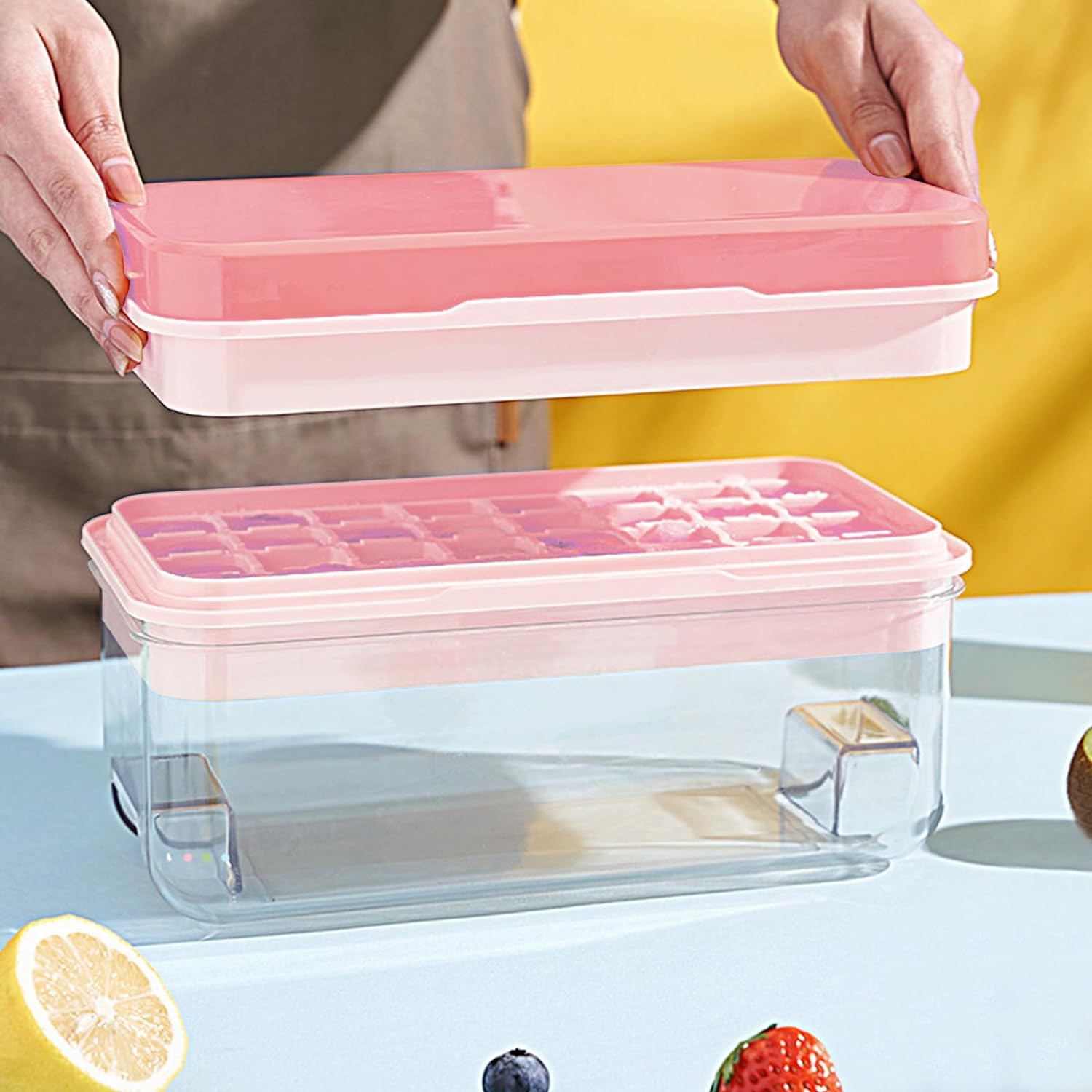 Ice Cube Tray with Lid and Bin 64Pcs Pink