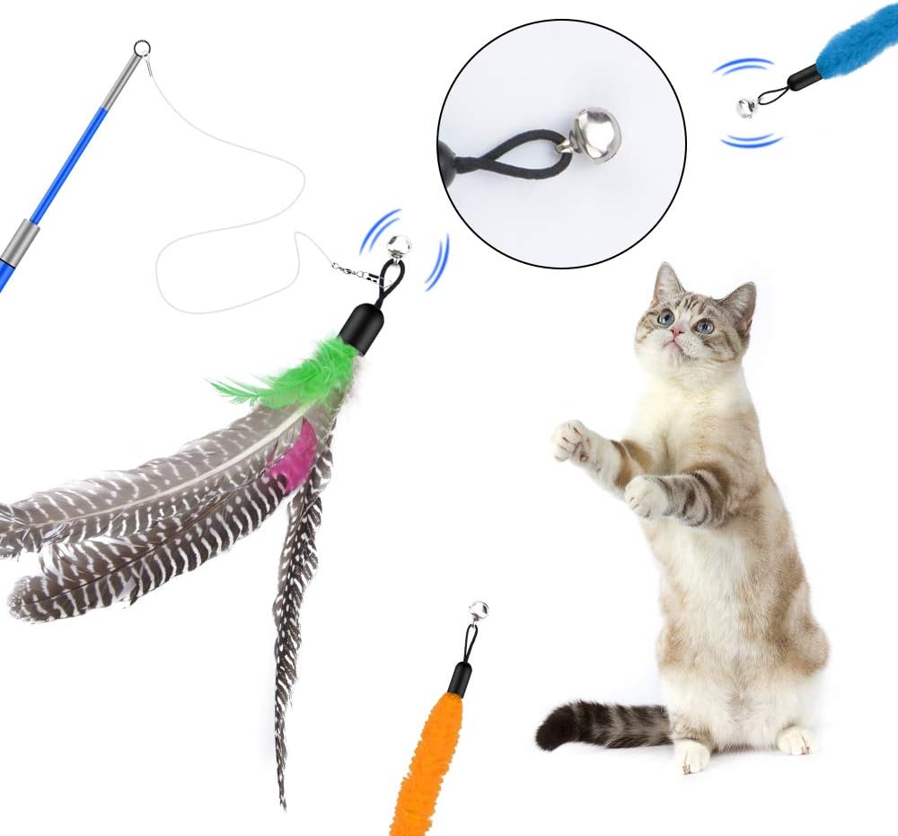 Cat Feather Toys, 2PCS Retractable Cat Wand Toy and 13PCS Replacement Teaser with Bell Refills