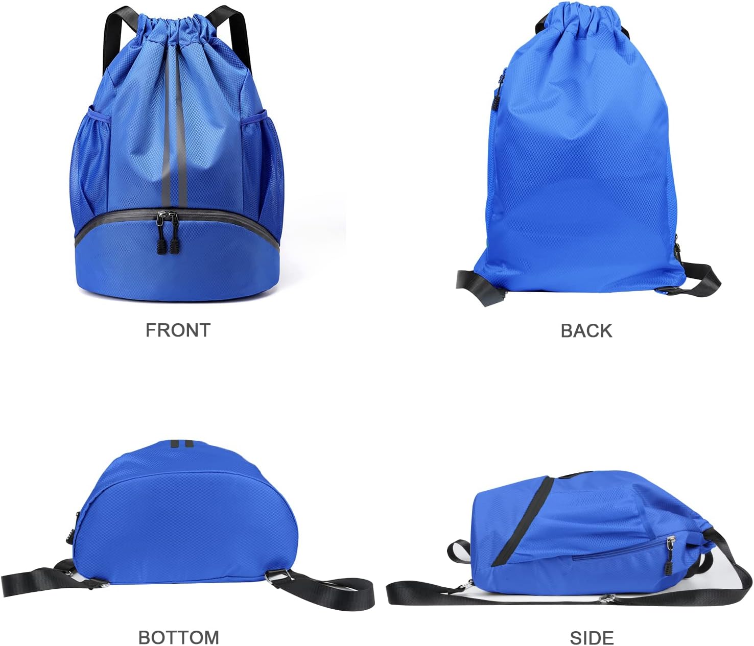 Drawstring Backpack with Mesh Pockets Shoe Compartment Water Resistant (Blue)