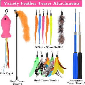 Cat Feather Toys, 2PCS Retractable Cat Wand Toy and 13PCS Replacement Teaser with Bell Refills