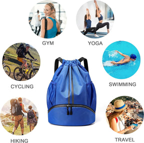 Drawstring Backpack with Mesh Pockets Shoe Compartment Water Resistant (Blue)