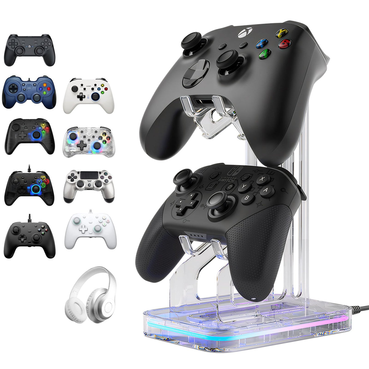 Qoosea Game Controller Holder 2-Tiers Universal Dual Controller Stand Headphone Holder with Lights, Acrylic Clear Controller Display Stand Compatible with Nintendo Switch Xbox PS5 PS4