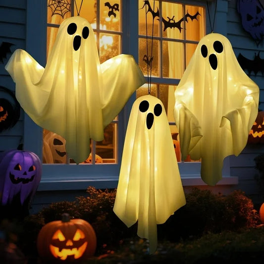 Qoosea 3 pack Hanging Ghosts Halloween Decor, 20 inch LED Glowing Ghost Halloween Decorations Outdoor Lights for Yard Porch Tree Garden Patio Bedroom Wall Party, Warm White