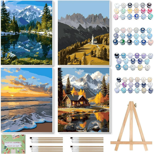 Qoosea 4 pack Paint by Number for Adults Canvas, DIY Landscape Paint by Number Kits for Adults Beginner, Home Wall Decor, Gifts (12x9 inch)