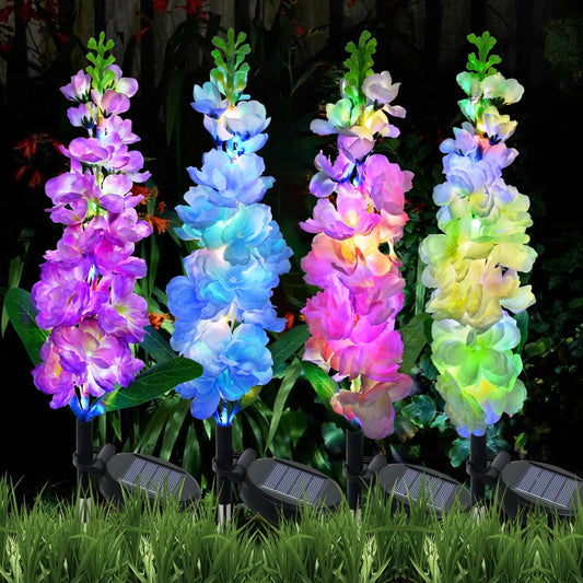 Qoosea Solar Delphinium Flowers Lights Outdoor, 4 Pack 80 Leds Waterproof Solar Garden Lights Yard Decorations Outdoor Garden Lights Gift for Women