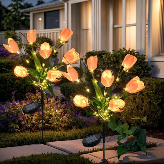 Qoosea Solar Lights Outdoor Patio Garden Decor, 2 Pack Tulips Solar Flowers Lights Outdoor Garden Waterproof Decorative 7 Heads for Lawn Backyard, Mothers Day Gifts