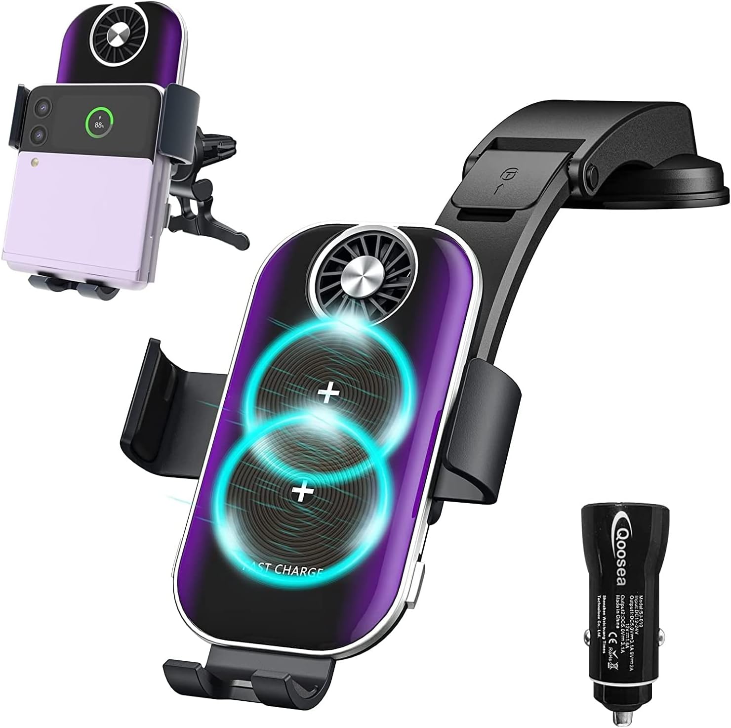 Car Mount 15W Dual Coils Fast Wireless Car Charger for Samsung Galaxy Z Flip 5/4/3,iPhone 15/14