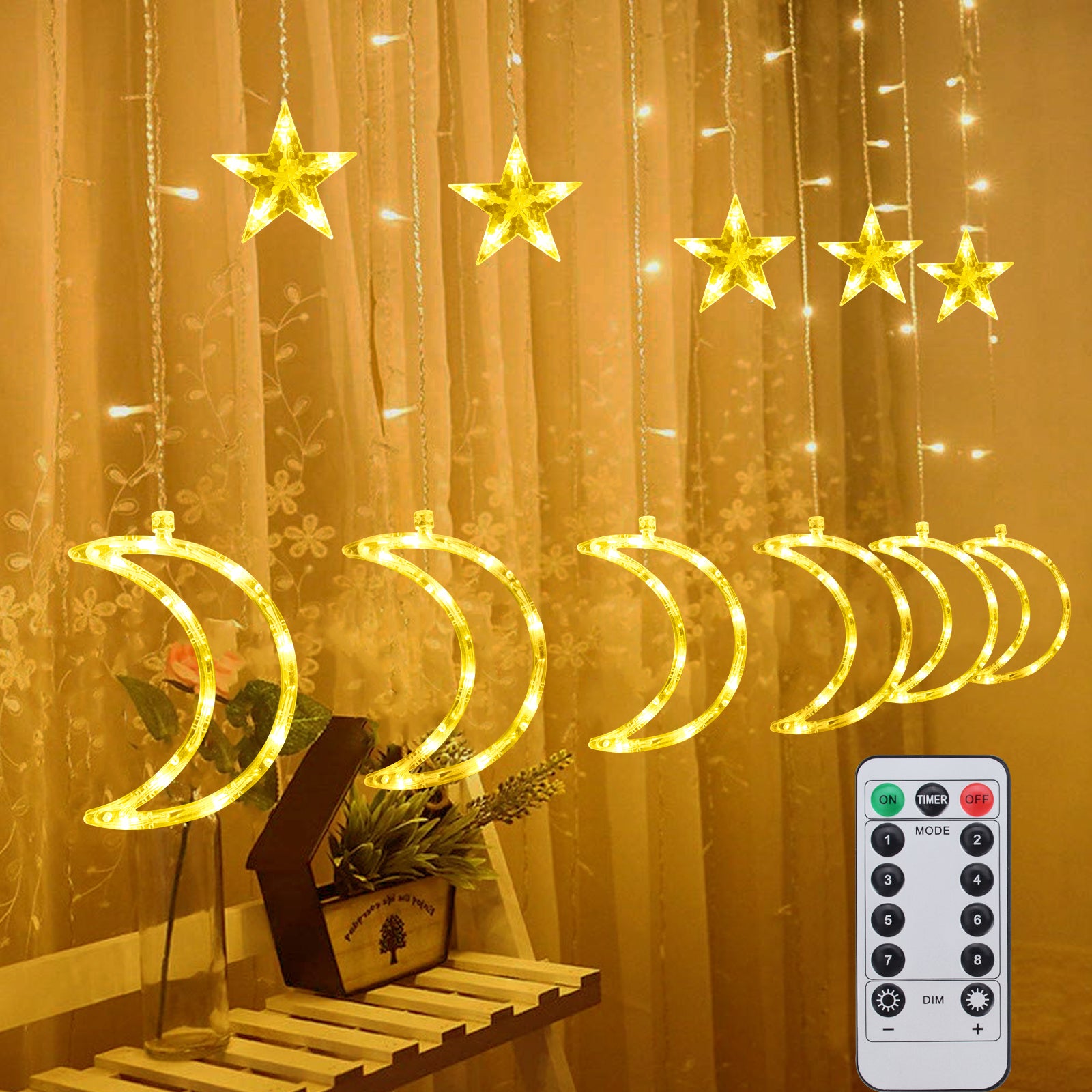 Qoosea 120 LED Curtain Lights, Moon Star Window Fairy String Lights, String Hanging Lights with Remote for Bedroom Backdrop Wedding Party Garden Indoor Decoration