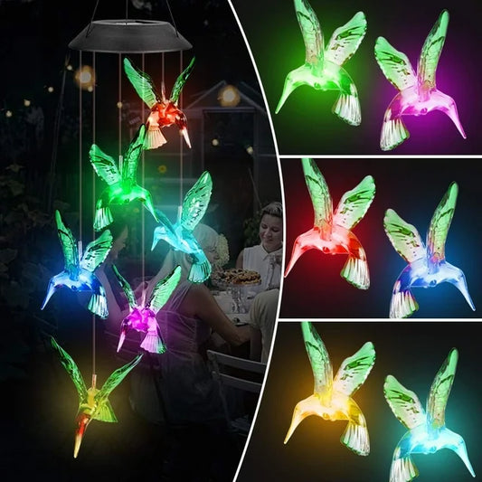 Qoosea Solar Hummingbird Wind Chimes, Color Changing Solar Wind Chimes for Outside Garden Decor, Waterproof Solar Powered Wind Chime Light Outdoor