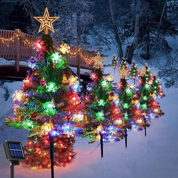 Qoosea 4 pack Solar Christmas Trees with Lights, 1000mA Solar Powered Waterproof 2.46FT Outdoor Xmas Tree Stake with 100 LEDs and 8 Modes for Unique Outdoor Yard Pathway Garden Grave Decorations