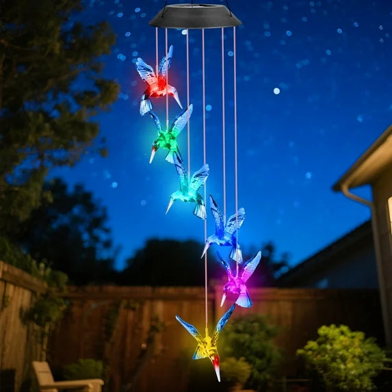 Solar Wind Chimes Hummingbird Chimes Solar Outdoor with Changing Lights Outdoor Waterproof LED Solar Hanging Lights Garden Decor