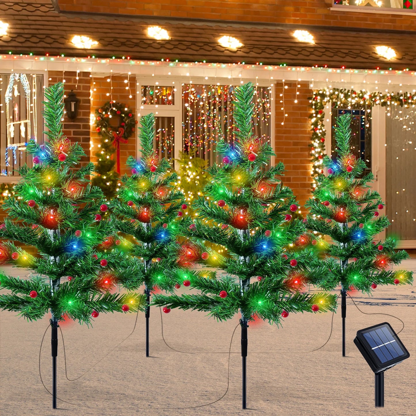 Qoosea Solar Christmas Tree Garden Stake Lights, 4 pack Waterproof Christmas Decorations Tree Lights Outdoor Xmas Tree Light Christmas Décor Pathway Lights Patio Yard