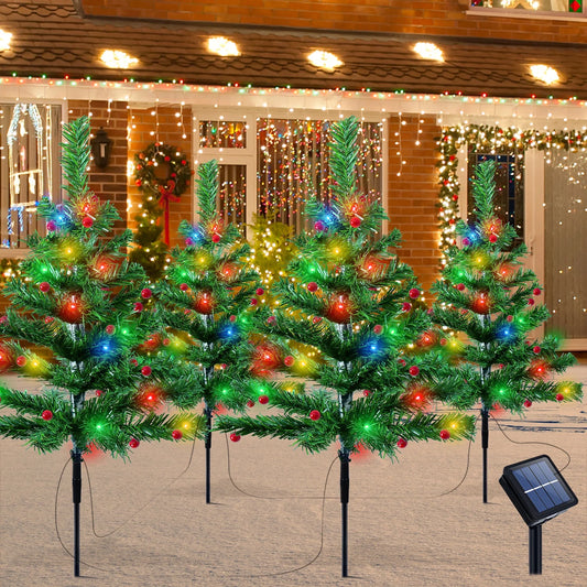 Qoosea Solar Christmas Tree Garden Stake Lights, 4 pack Waterproof Christmas Decorations Tree Lights Outdoor Xmas Tree Light Christmas Décor Pathway Lights Patio Yard