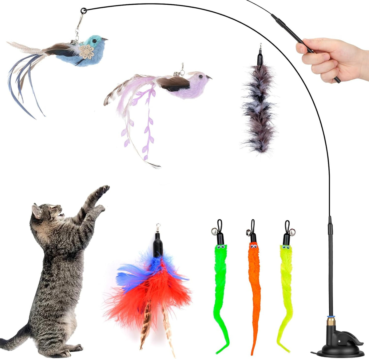 10 PCS Interactive Cat Toy Feather Toy with Suction Cup