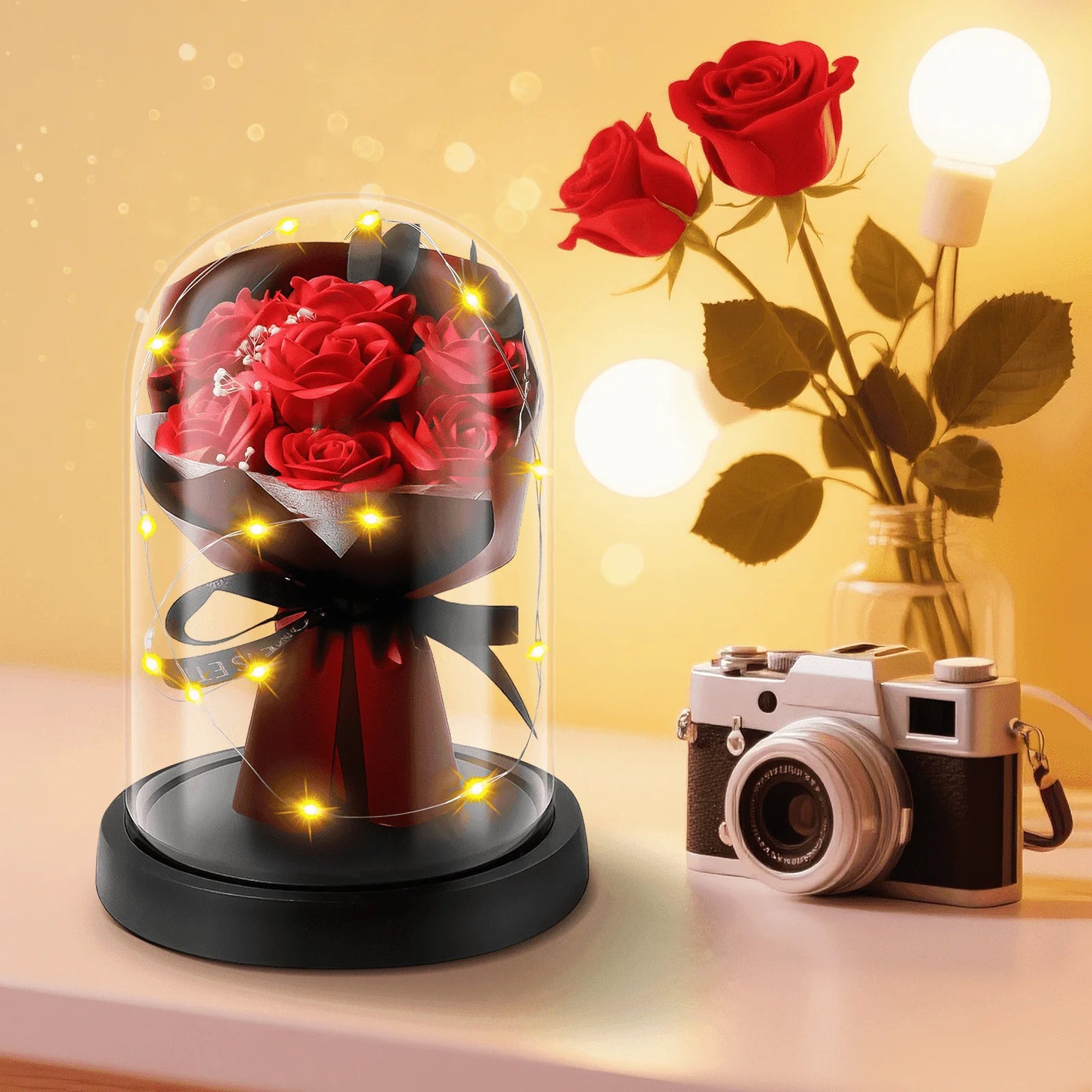 Qoosea Eternal Rose in Glass Dome with LED Lights, Mothers Day Gifts for Mom, Red Rose Forever Flowers Valentine Gift for Girlfriend, Birthday Gifts