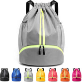 Drawstring Backpack with Mesh Pockets Shoe Compartment Water Resistant (Grey)