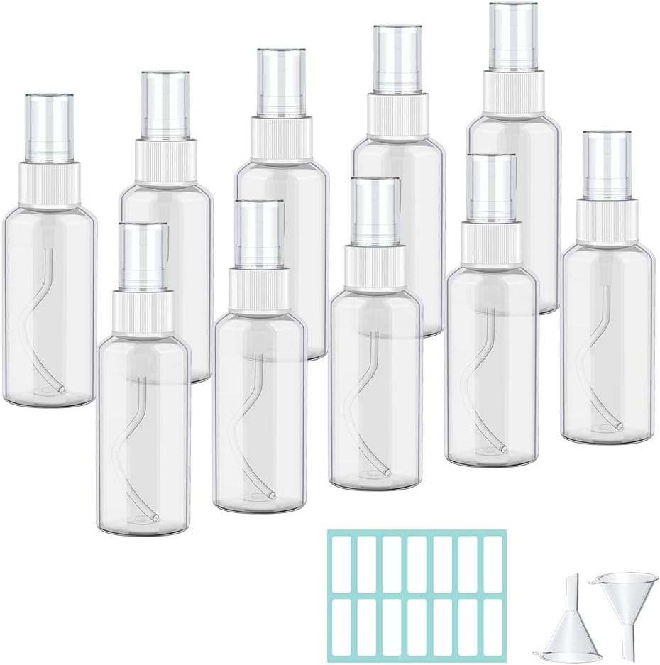 10 x 100ml Empty Clear Fine Mist Spray Bottles with 2pcs Funnels and 14pcs Labels