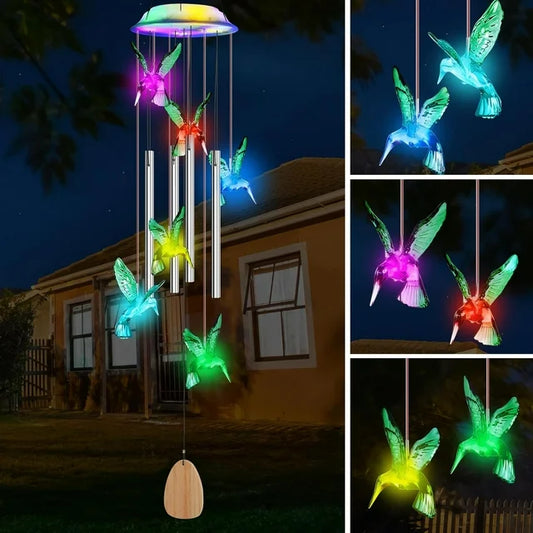 Qoosea Solar Wind Chimes, Hummingbird Solar Wind Chimes for Outside, Color Changing Waterproof Solar Powered Outdoor, LED Lights for Garden Home Window Patio Yard Decoration