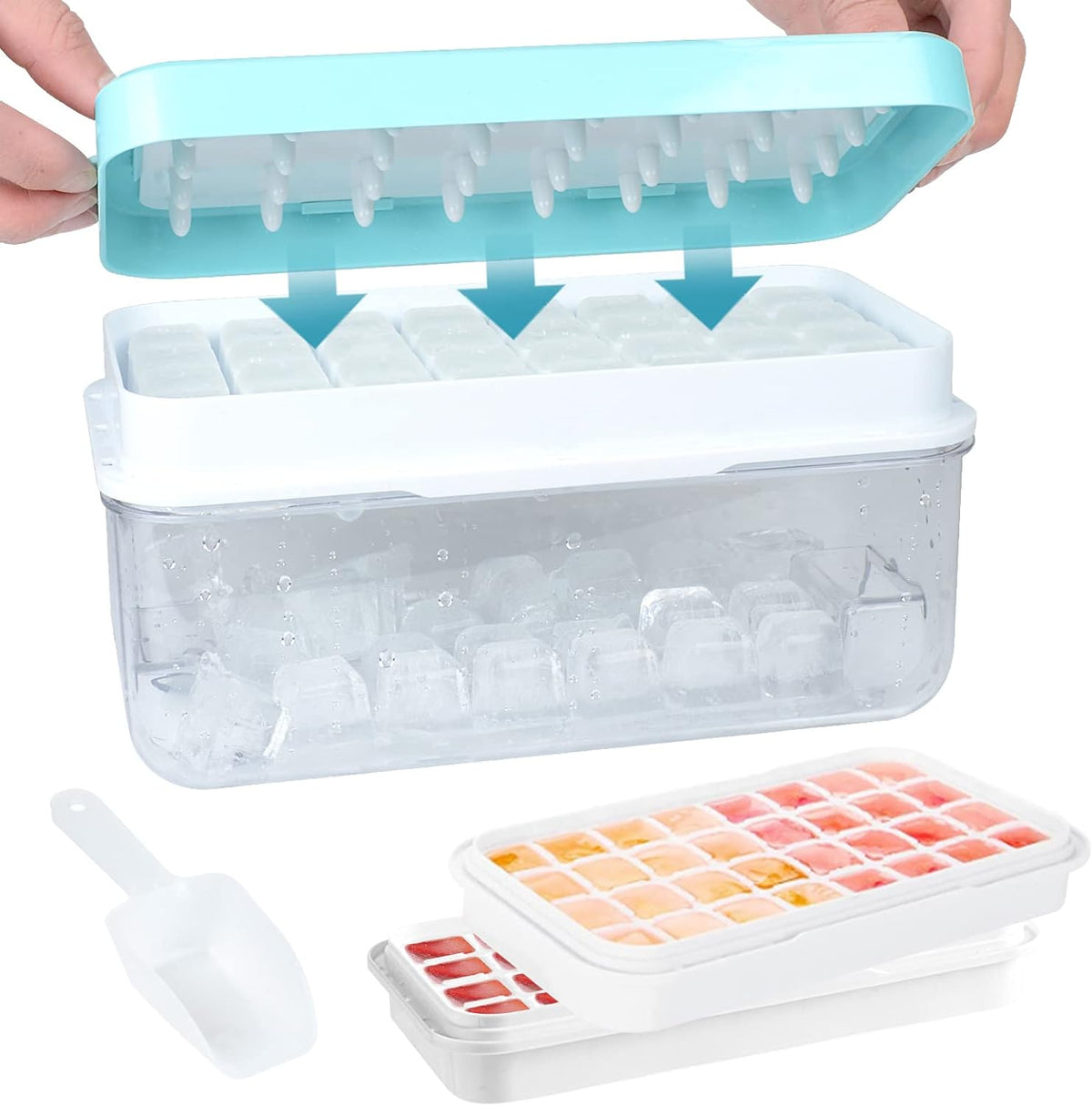 Ice Cube Tray with Lid and Bin 64Pcs Blue