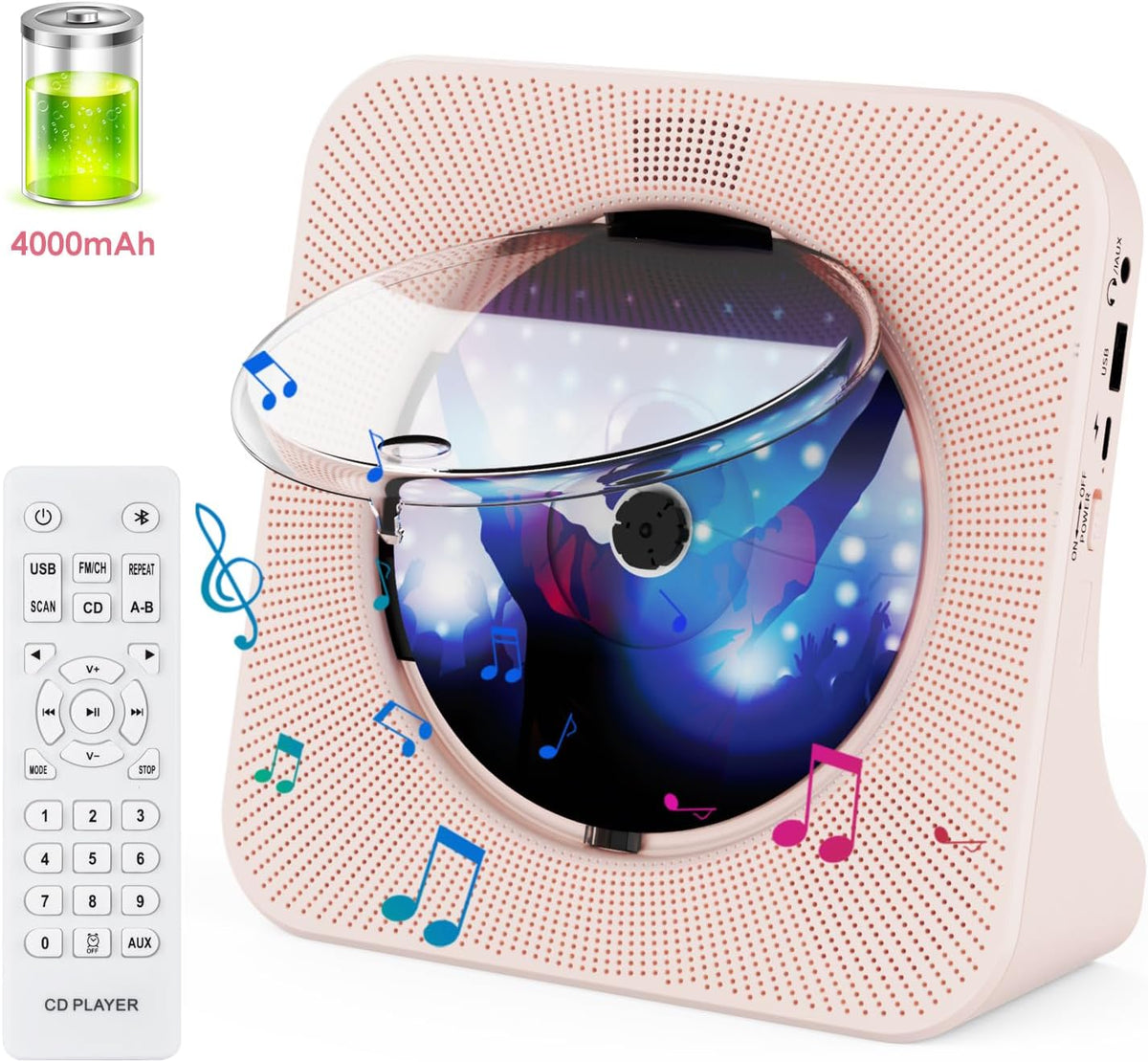 CD Player Bluetooth Desktop with 4000mAh Battery Pink