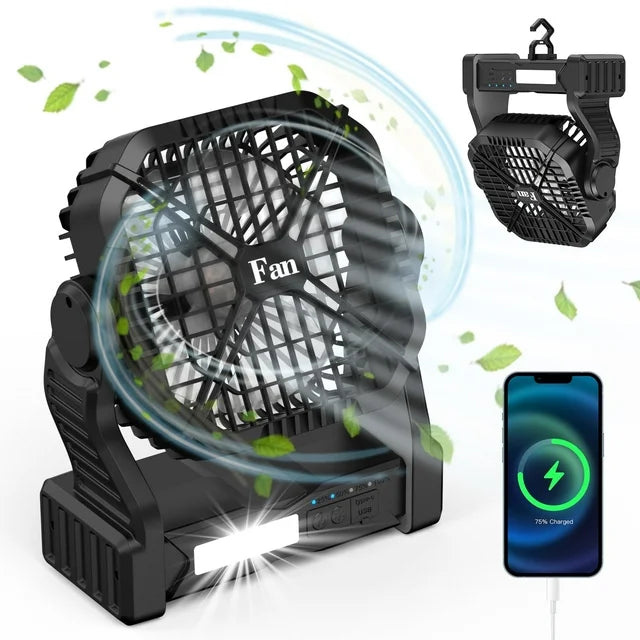 Qoosea Outdoor Camping Fan with LED Light, Portable Fan Rechargeable 4 Speed Personal Desk Fan for Travel Home Camping Tent Office Beach Fishing, Black