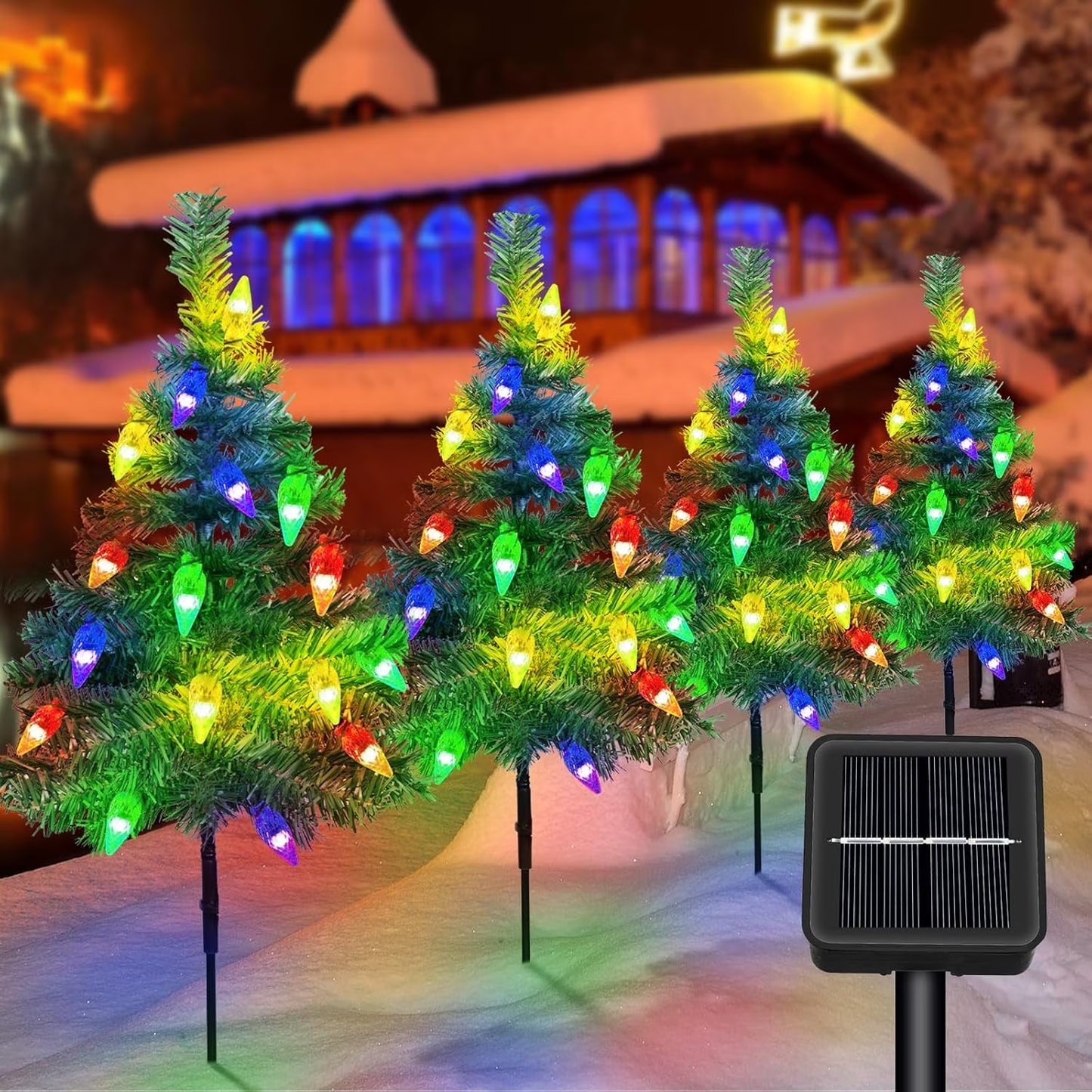 Qoosea 4 pack Solar Christmas Garden Stake Lights, Decorative Solar Christmas Tree Stake Outdoor Waterproof LED Lights for Pathway Garden Patio Yard