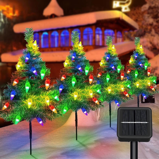 Qoosea 4 pack Solar Christmas Garden Stake Lights, Decorative Solar Christmas Tree Stake Outdoor Waterproof LED Lights for Pathway Garden Patio Yard