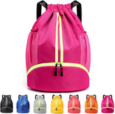 Drawstring Backpack with Mesh Pockets Shoe Compartment Water Resistant (Rose Red)