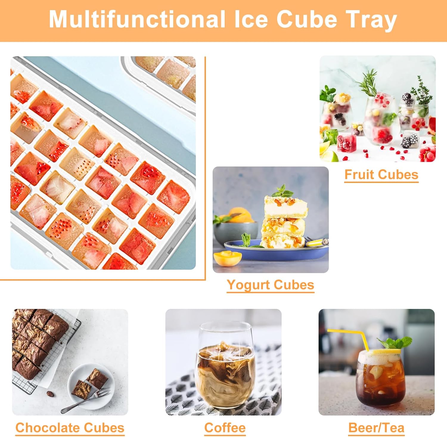 Ice Cube Tray with Lid and Bin 96Pcs 3 Trays Orange