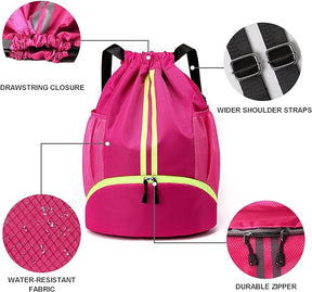 Drawstring Backpack with Mesh Pockets Shoe Compartment Water Resistant (Rose Red)