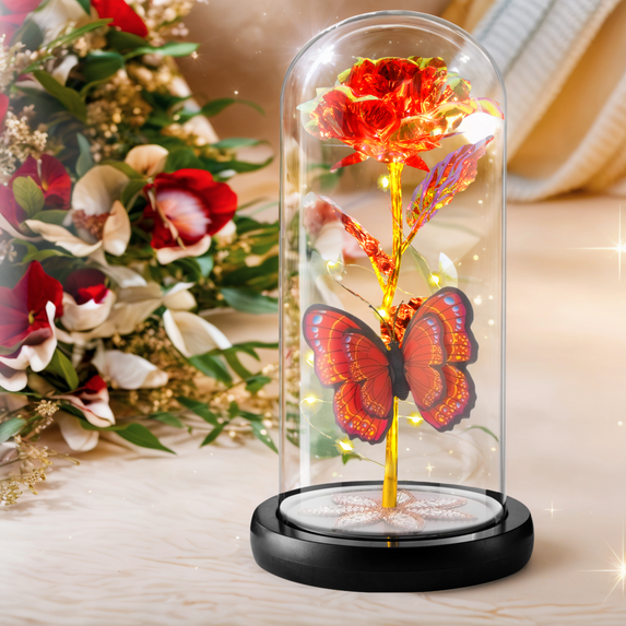Qoosea Eternal Rose with Butterfly in Glass Dome Red Roses with LED Light Artificial Flowers Mothers Day Birthday Valentines Day Christmas Gifts