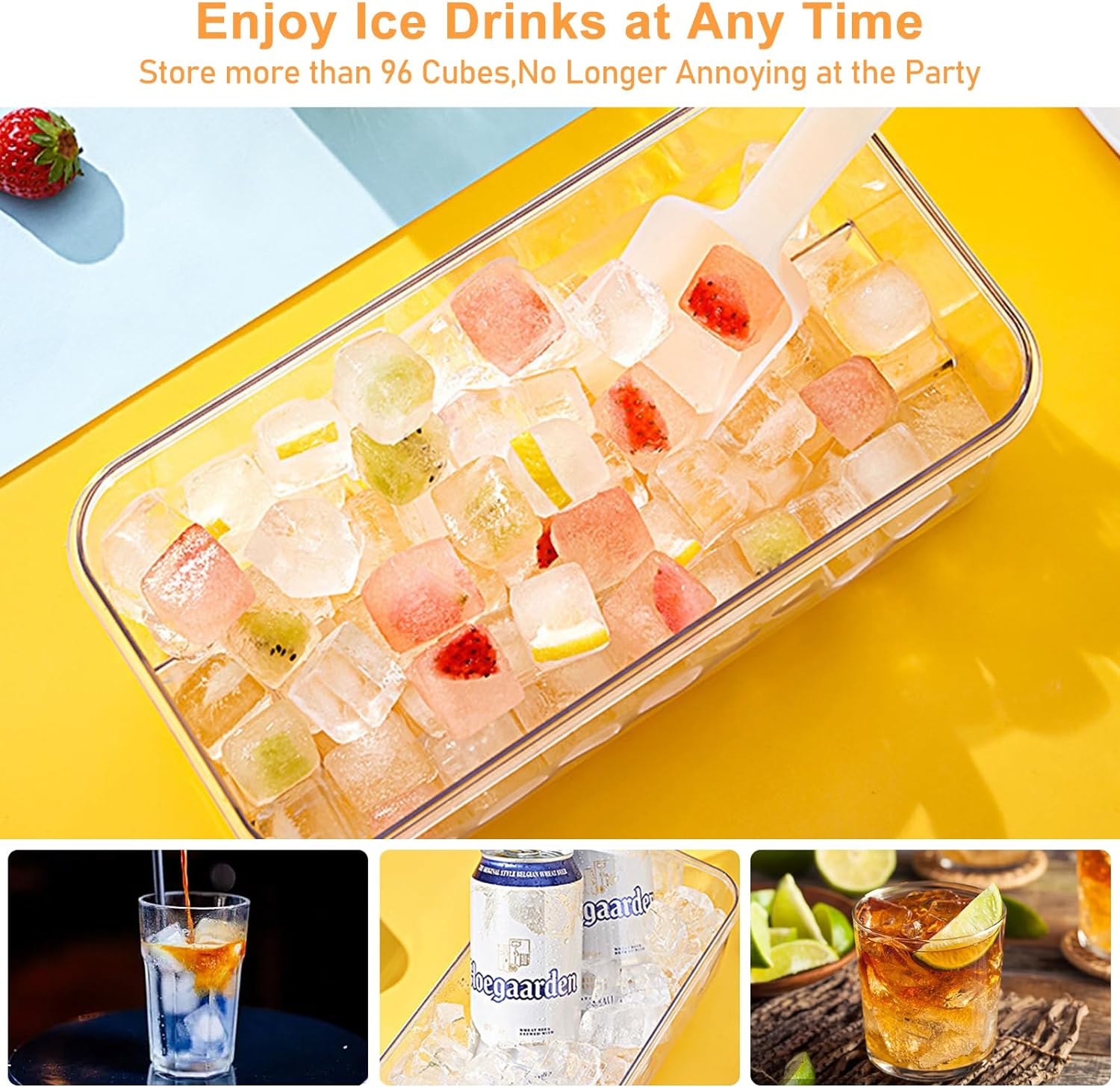 Ice Cube Tray with Lid and Bin 96Pcs 3 Trays Orange