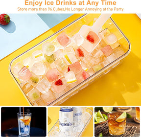 Ice Cube Tray with Lid and Bin 96Pcs 3 Trays Orange