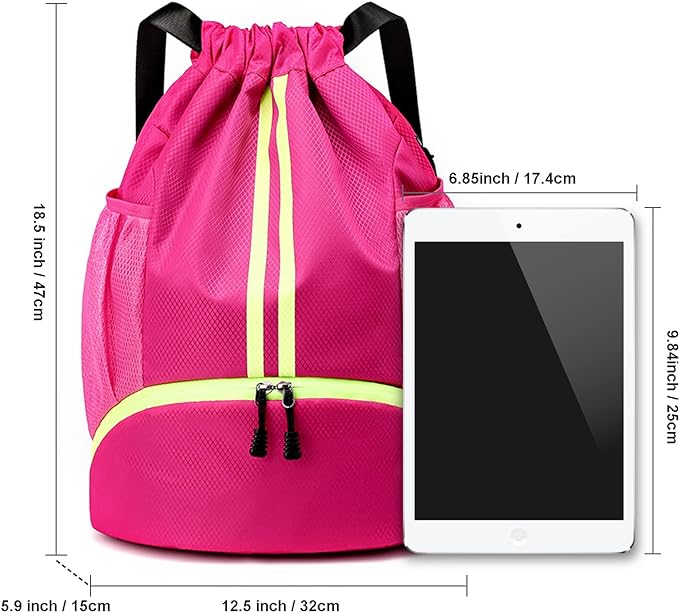 Drawstring Backpack with Mesh Pockets Shoe Compartment Water Resistant (Rose Red)