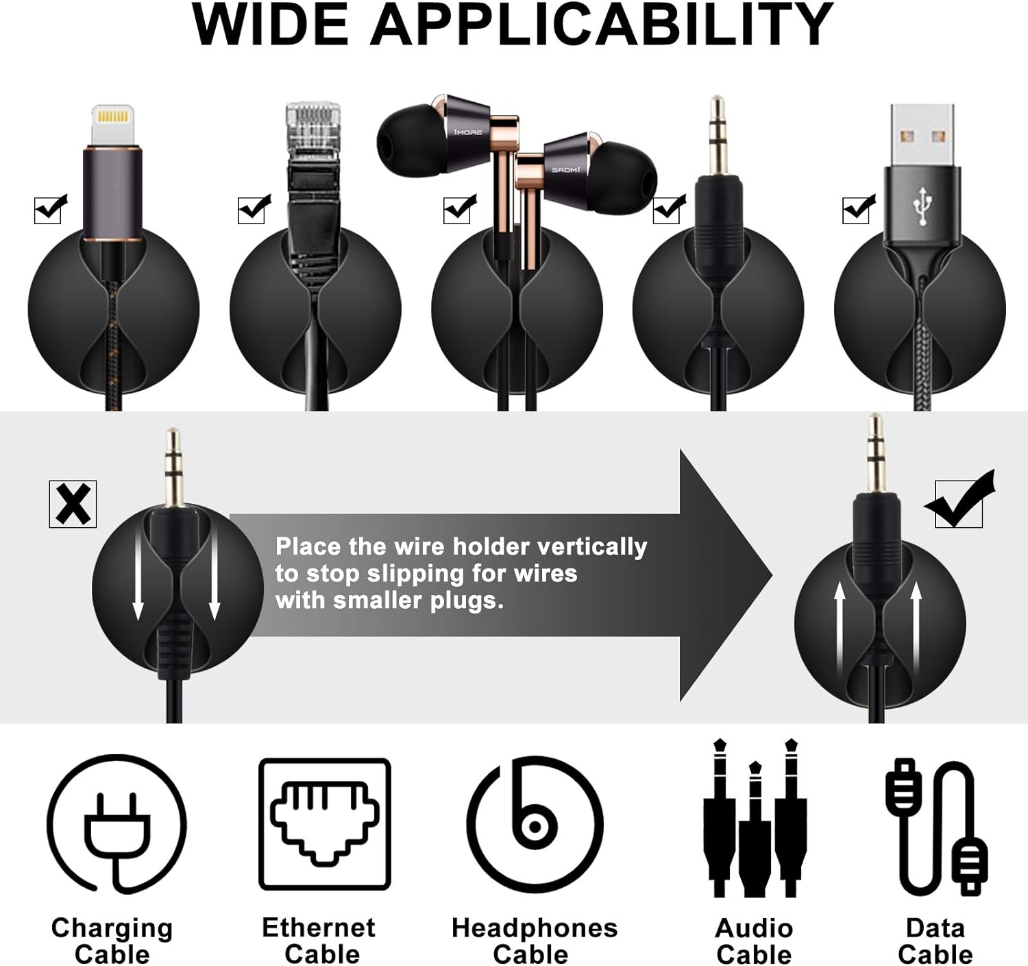 10pcs Cable Clips Self Adhesive for Home, Office, Car (Black)