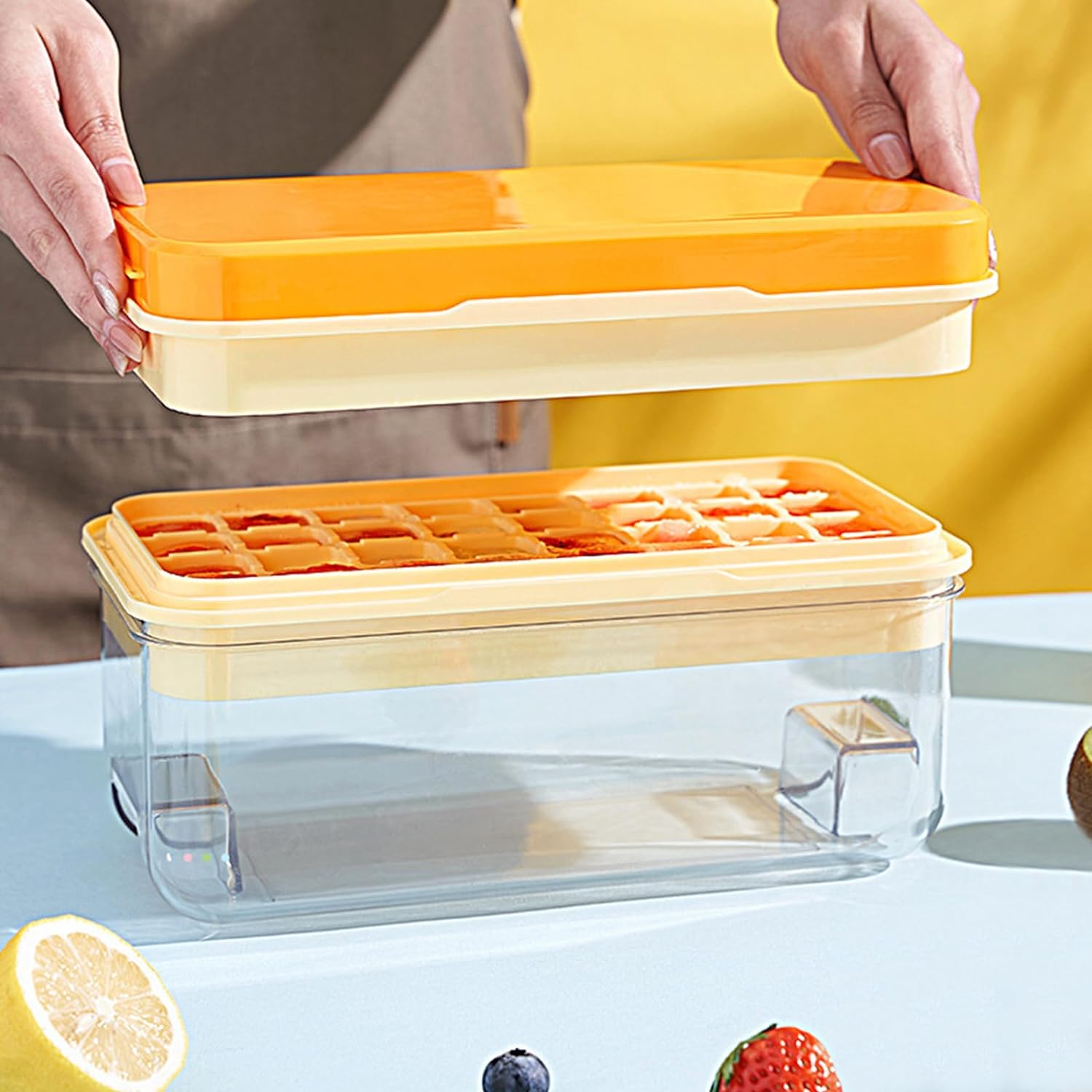 Ice Cube Tray with Lid and Bin 96Pcs 3 Trays Orange