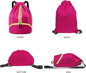 Drawstring Backpack with Mesh Pockets Shoe Compartment Water Resistant (Rose Red)