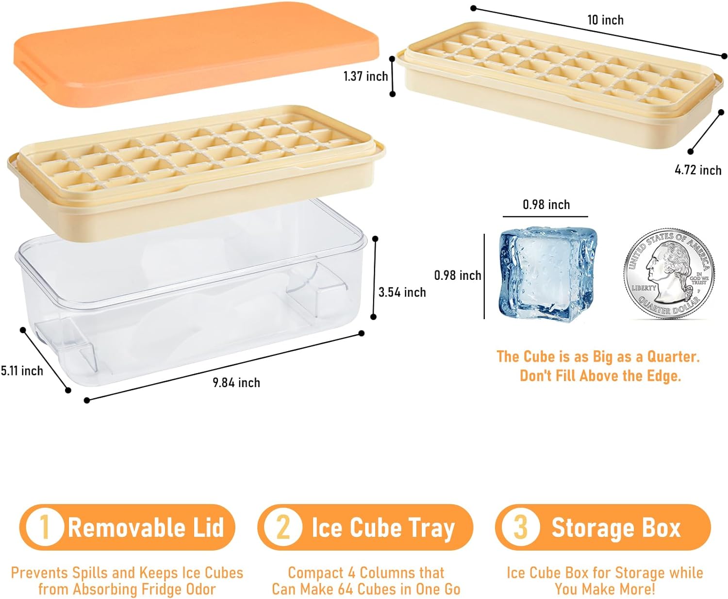 Ice Cube Tray with Lid and Bin 96Pcs 3 Trays Orange