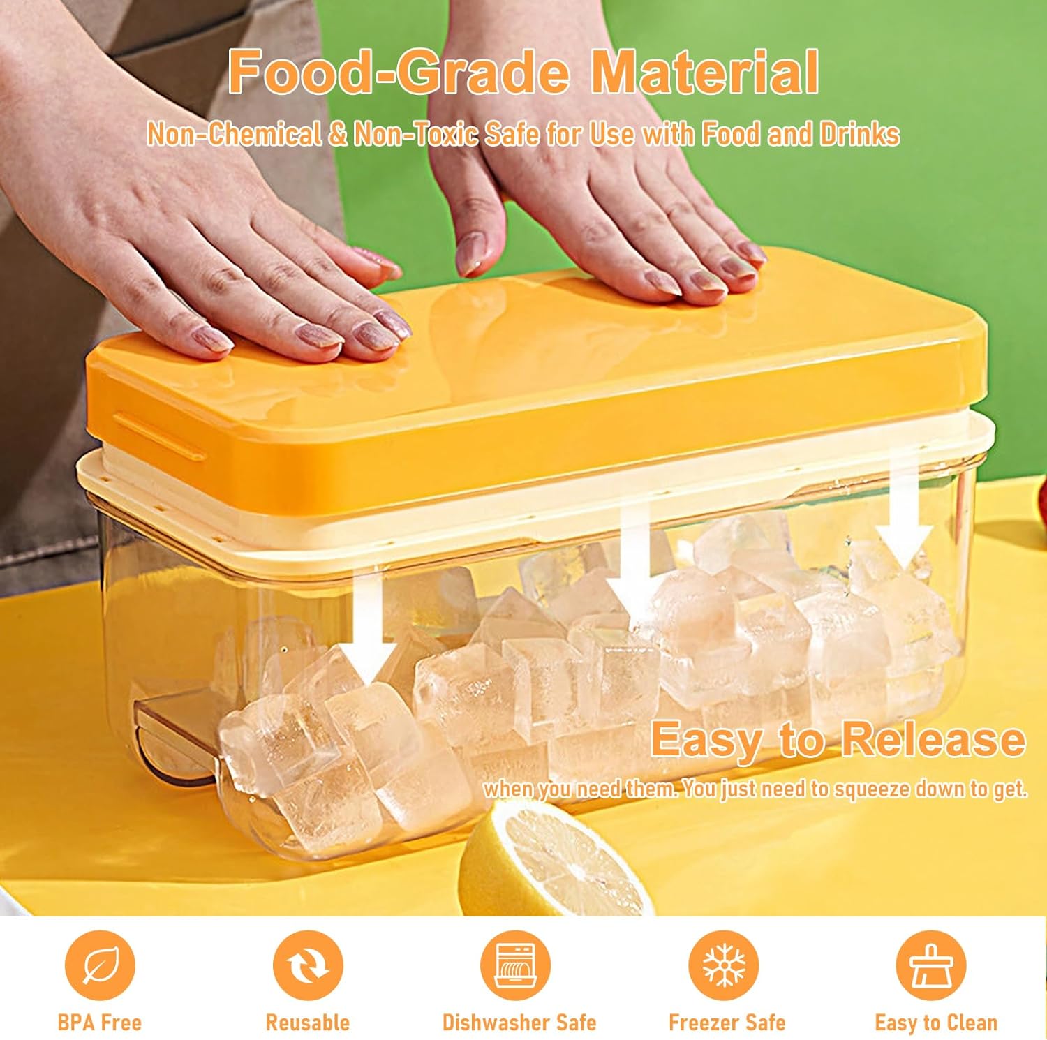 Ice Cube Tray with Lid and Bin 96Pcs 3 Trays Orange