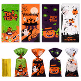 Qoosea 200 Pcs Halloween Treat Bags Halloween Cellophane Candy Bags Spider Web Bat Ghost Pumpkin Gift Bags with 200 Twist Ties Kids Party Candy Bags for Halloween Party Supplies