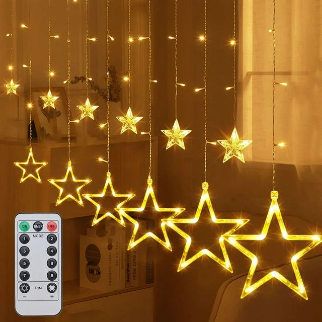 Qoosea 12 Stars 126 LED Star Curtain String Lights, Window Curtain Lights with 8 Flashing Modes Window Decor Christmas Ramadan Decoration for Wedding, Party, Home Decorations