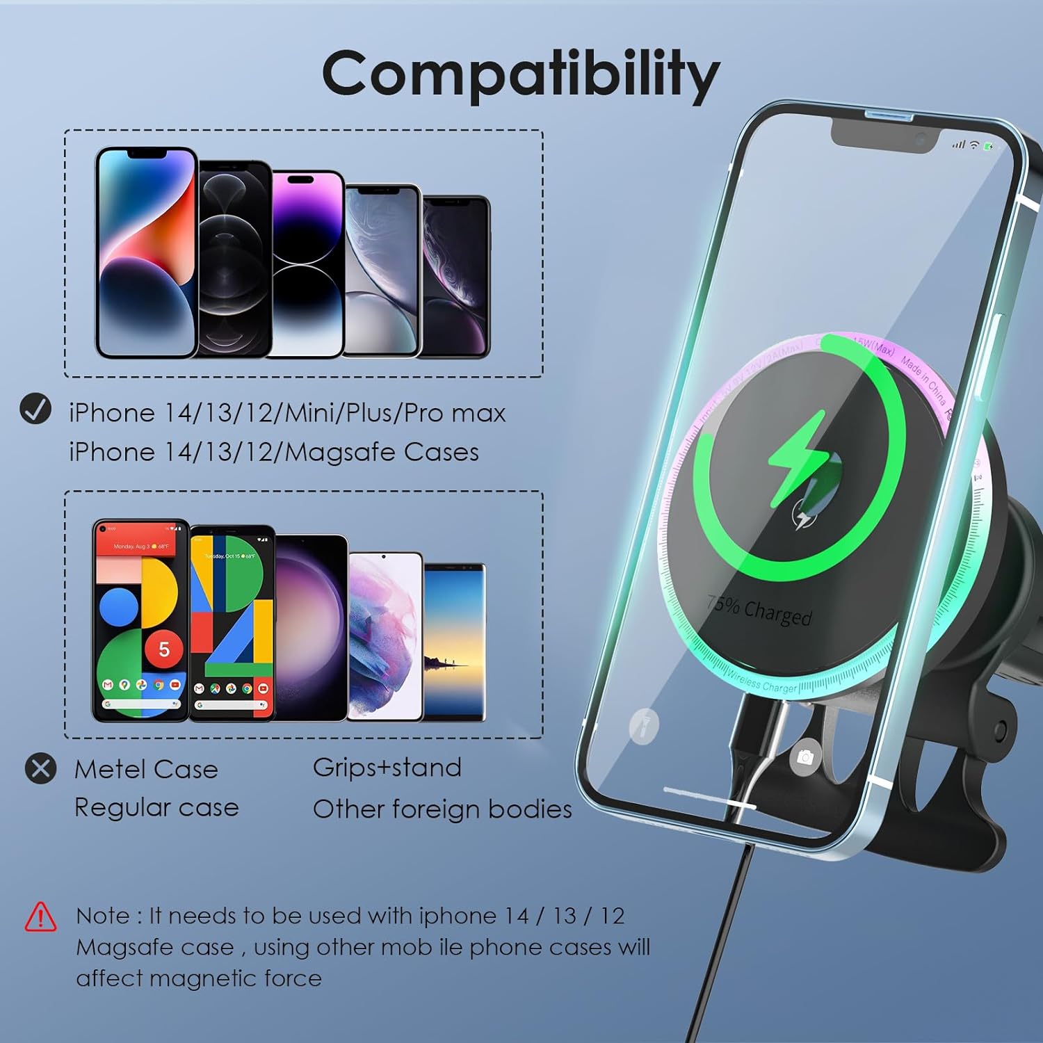 Wireless Car Charger Mount for iPhone Magnetic Charger with Colorful LED Lights