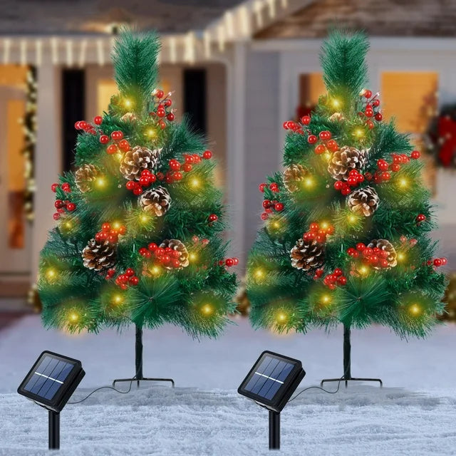 Qoosea Solar Outdoor Christmas Tree 2 Pack Outdoor Christmas Decorations, 27.5 inch Solar Waterproof Xmas Tree Path Flickering Lights Garden Yard Solar Lawn Stakes