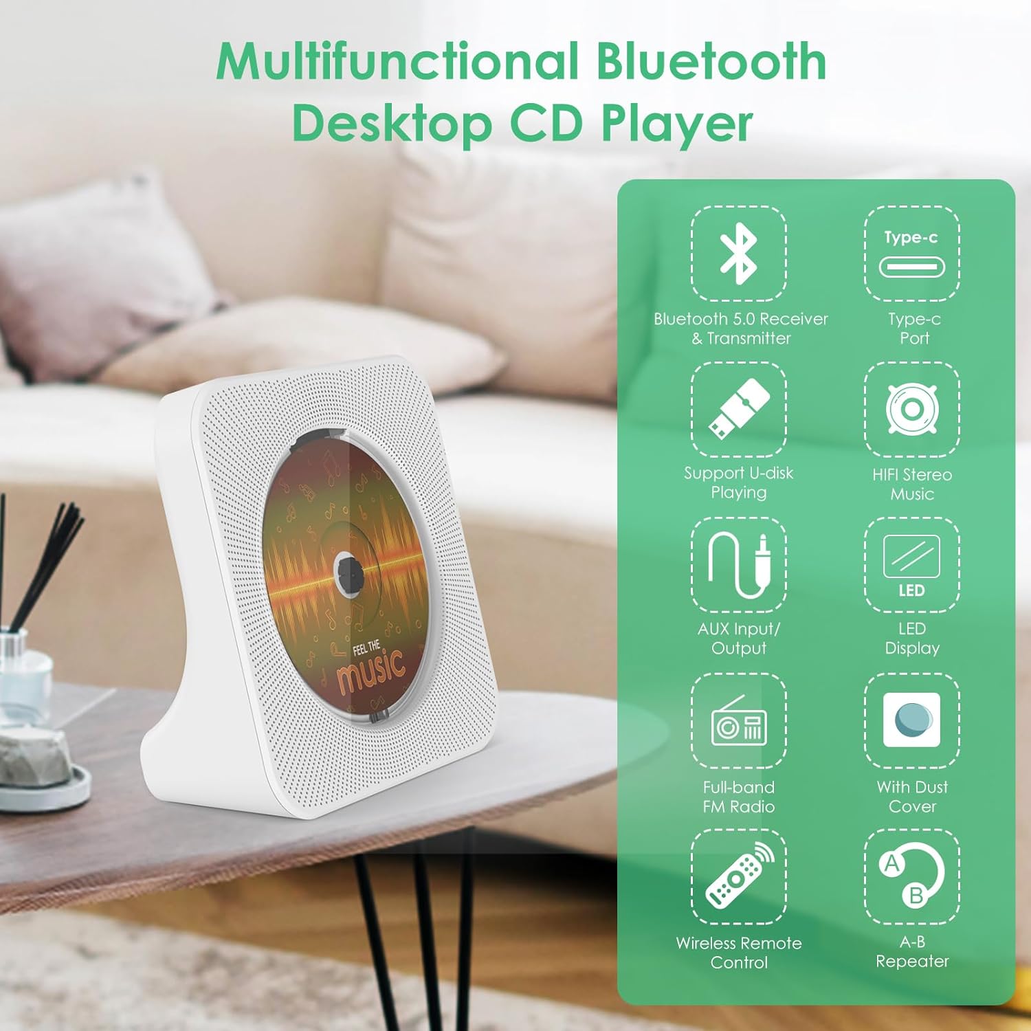 CD Player Bluetooth Desktop with 4000mAh Battery White