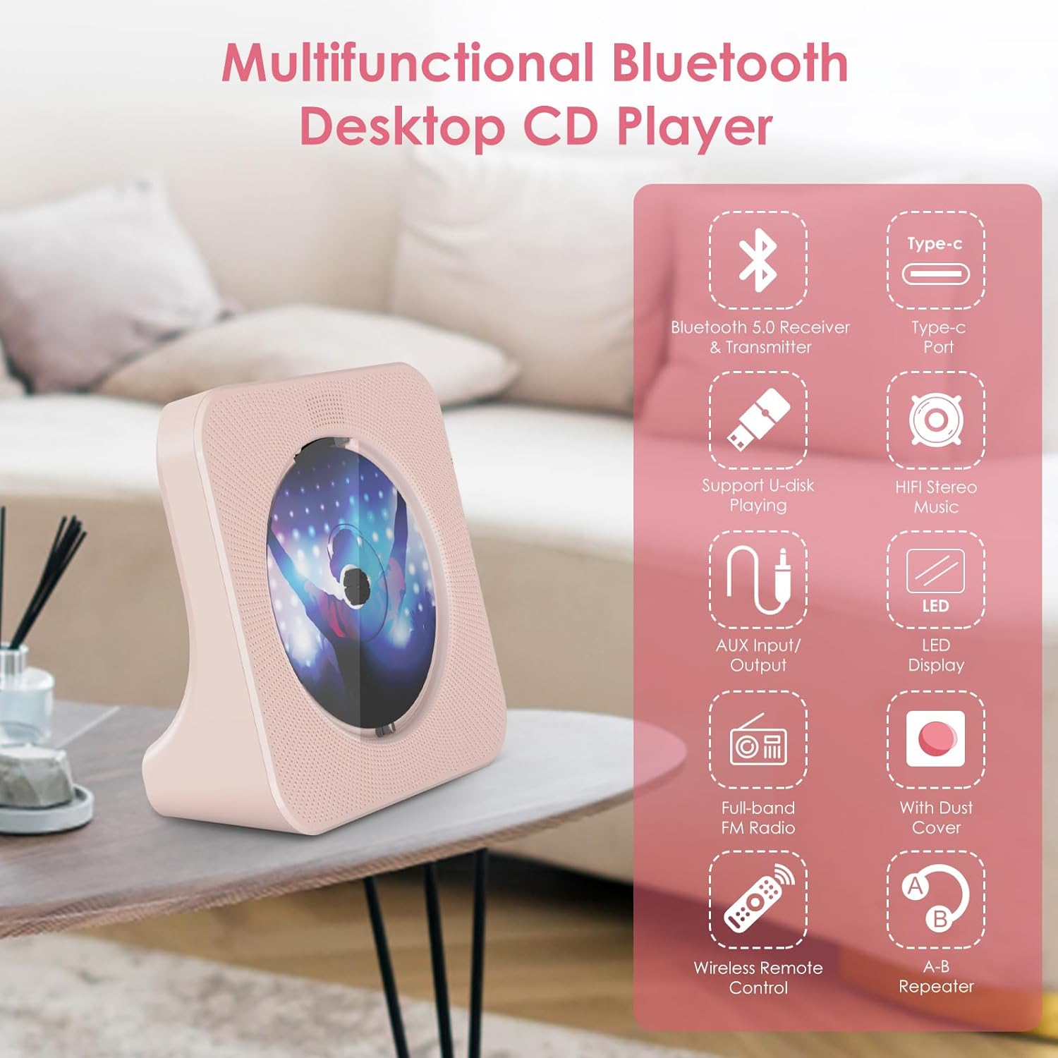 CD Player Bluetooth Desktop with 4000mAh Battery Pink